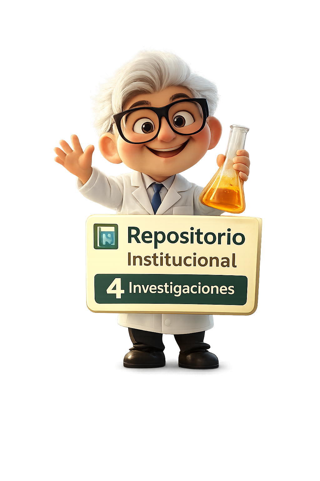 Científico con cartel del Repositorio Institucional y cuatro investigaciones